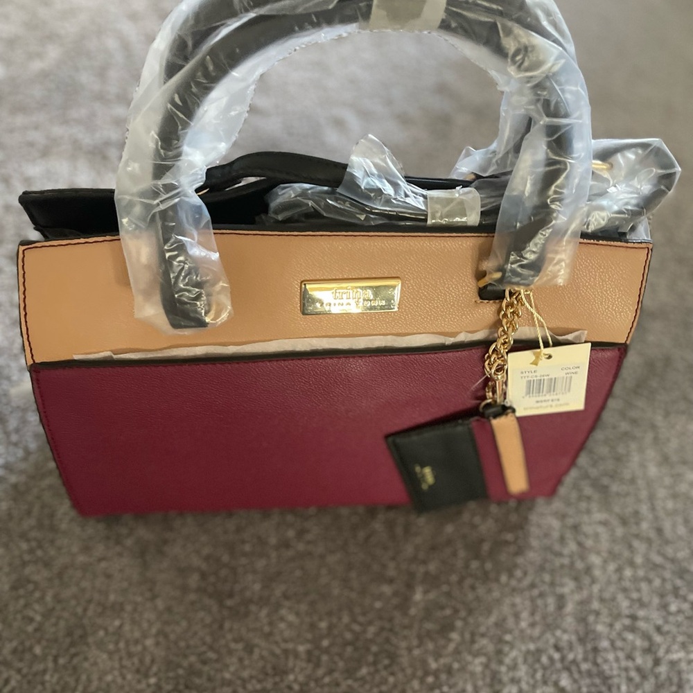 NWT Trina Turk color block Satchel Hand bag Burgundy Tan Black Structured Purse‎